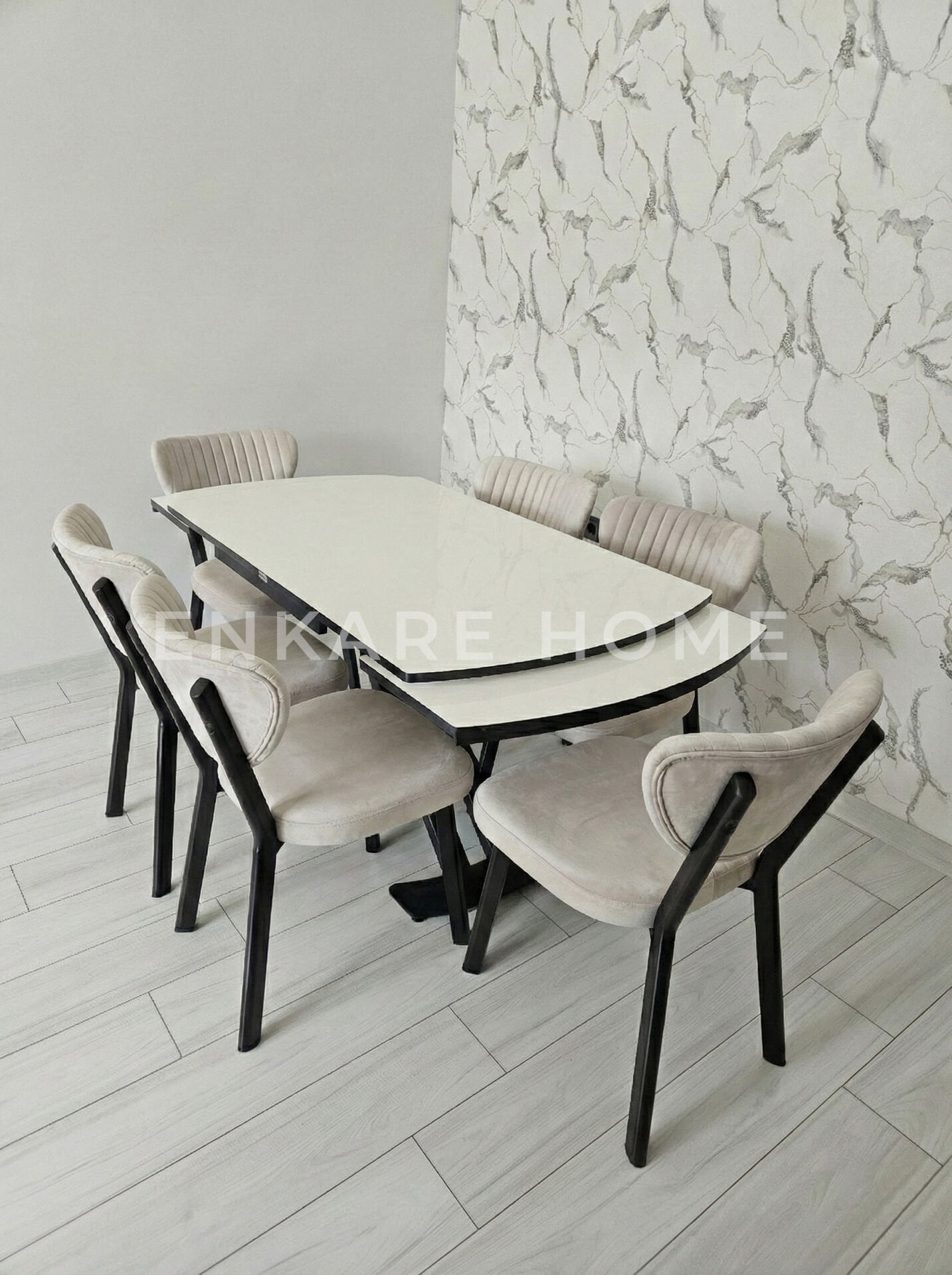 X Ayaklı Gloss Masa & Papatya Sandalye | 6 Kişilik Mutfak Masa Sandalye Takımı - Krem