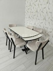 X Ayaklı Gloss Masa & Papatya Sandalye | 6 Kişilik Mutfak Masa Sandalye Takımı - Krem