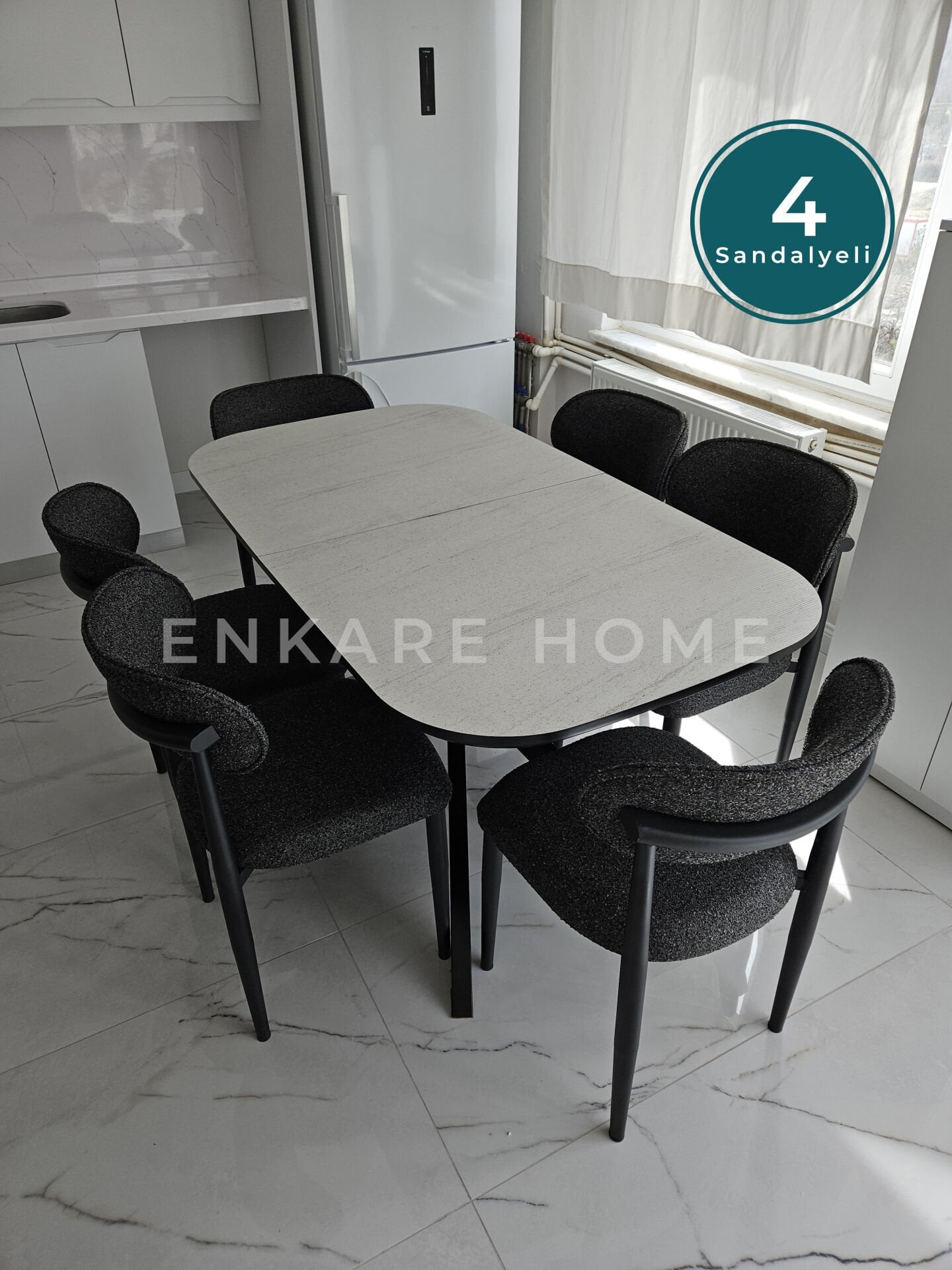 Frida Açılabilir Mutfak Masası & Polo Sandalye | 4 kişilik Masa Sandalye Takımı | 80x150-190