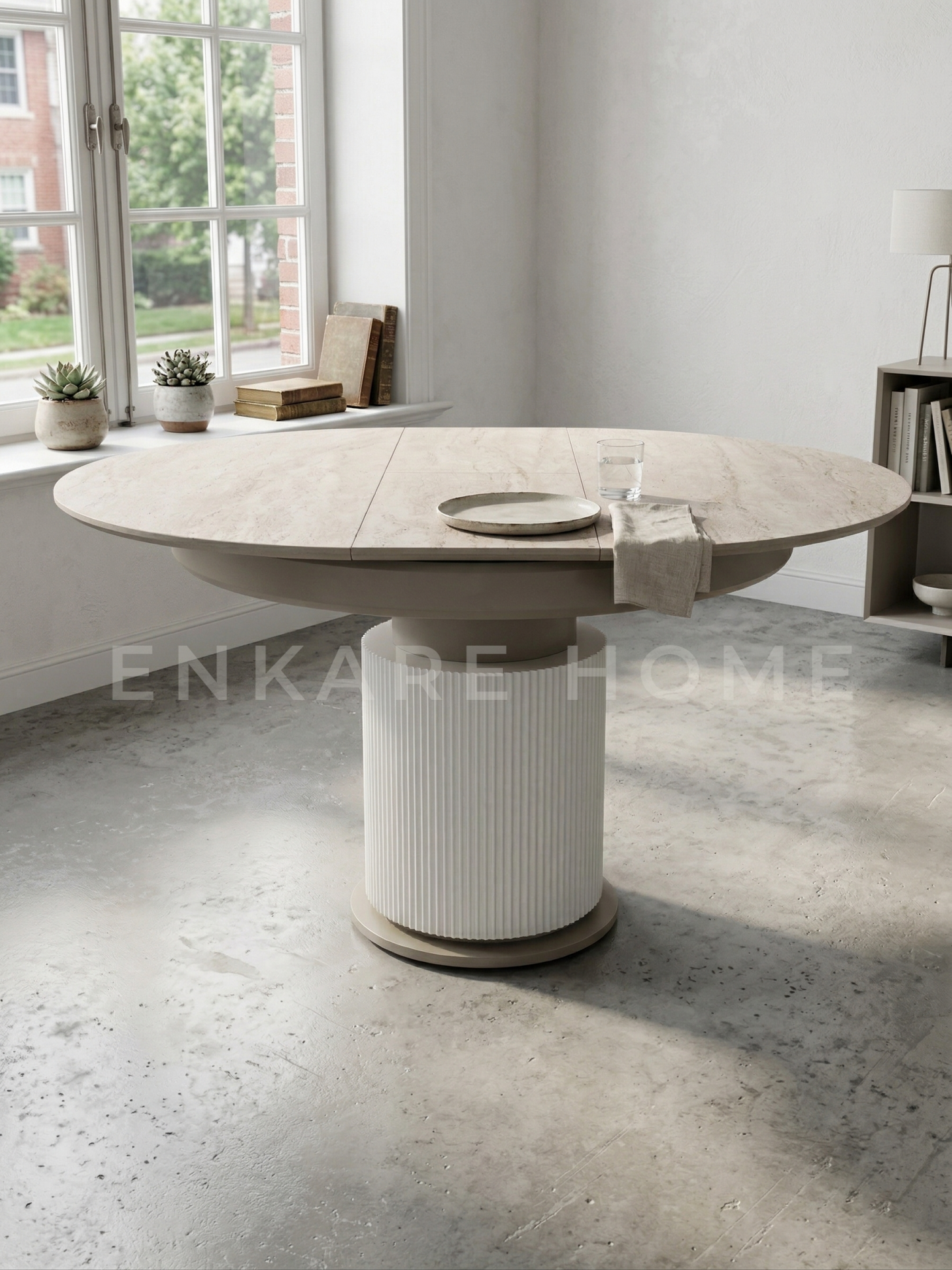 Sahra Masa - Traverten Desenli Açılır Yuvarlak Masa 100x100