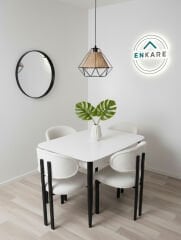 Nero Masa & Badem Sandalye 4 Kişilik Yemek Masası Takımı Beyaz Teddy Kumaş