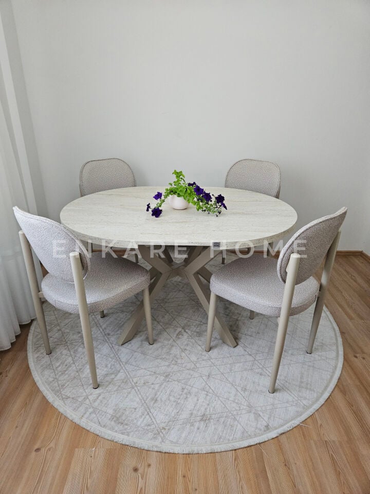 Loft Yuvarlak Açılır Yemek Masası & Safir Sandalye Traverten/Kapiçino
