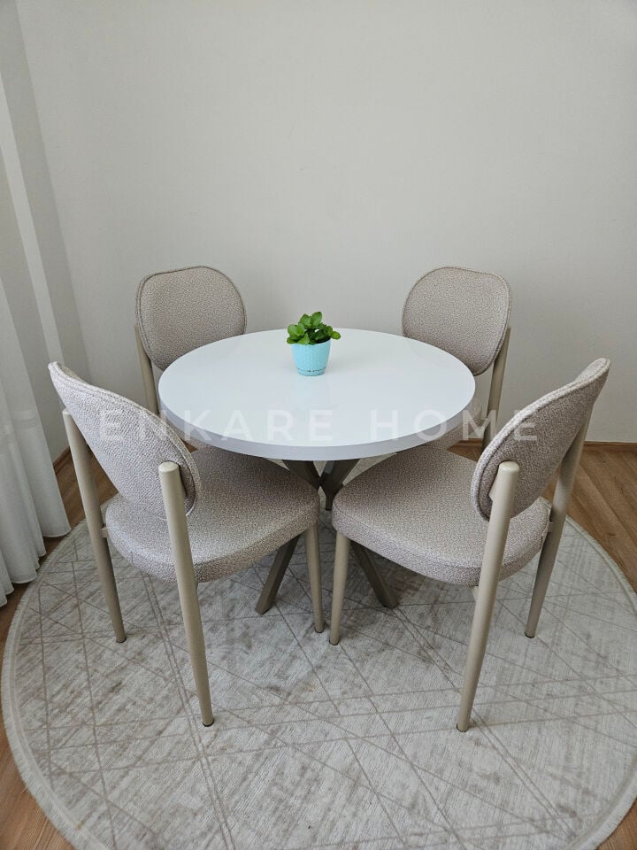 Safir Yuvarlak Masa Sandalye Takımı (90 cm MDF Masa + 4 Teddy Kumaş