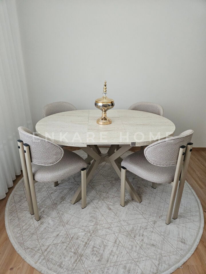 Loft Açılır Yuvarlak Masa & Badem Sandalye Takımı - Traverten & Kapiçino