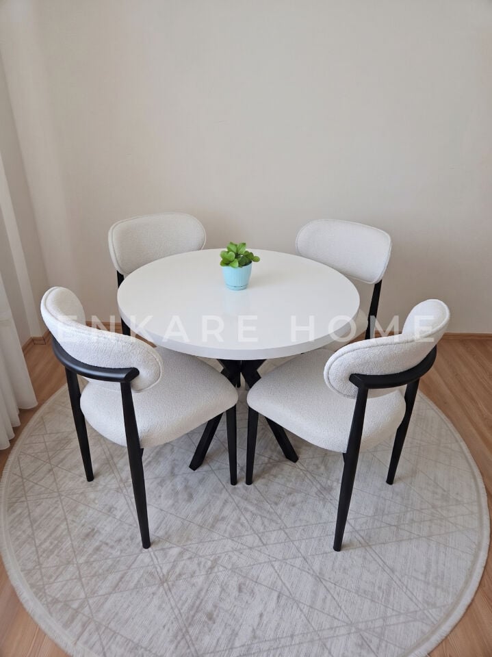 Polo Masa Sandalye Takımı - 90 cm  Beyaz Yuvarlak MDF Masa & Bukle Teddy Sandalye